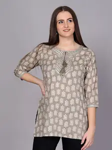 HIGHLIGHT FASHION EXPORT Ethnic Motifs Printed Tie-Up Neck Sequinned Pure Cotton Kurti