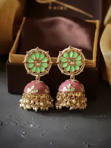 Bellofox Gold Toned & Green Artificial Beads Jhumkas