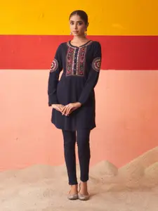 Lakshita Floral Embroidered Mirror Work Wool Kurta