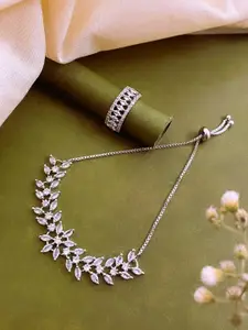 ATIBELLE Set of 2 Silver-Plated CZ Stone Studded & Floral Shaped Bracelet & Finger Ring
