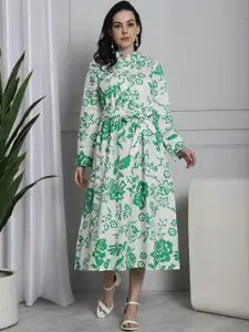 NoBarr Floral Printed Shirt Collar Cotton A-Line Midi Dress