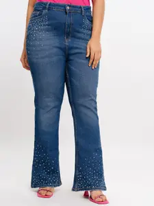 FREAKINS Women Bootcut Clean Look Embellished High-Rise Whiskers Pure Cotton Jeans