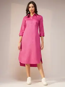 Pink Fort Cuffed Sleeves High-Low Satin Shirt Midi Dress