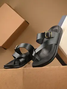 Azzaro Black Men Textured One Toe Comfort Sandals