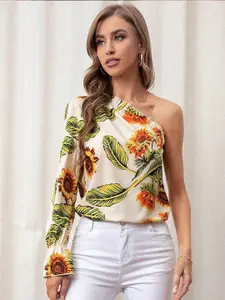 Stylecast X Slyck Floral Print One Shoulder Bell Sleeves Top
