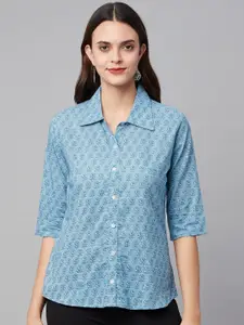 KALINI Comfort Floral Printed Spread Collar Three-Quarter Sleeves Cotton Casual Shirt