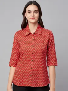 KALINI Comfort Ethnic Printed Spread Collar Three-Quarter Sleeves Cotton Casual Shirt
