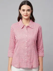 KALINI Comfort Floral Printed Spread Collar Three-Quarter Sleeves Cotton Casual Shirt