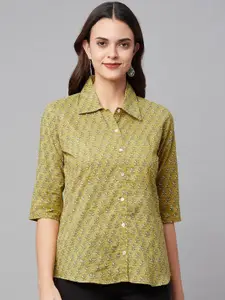 KALINI Comfort Floral Printed Spread Collar Three-Quarter Sleeves Cotton Casual Shirt