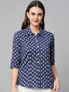 KALINI Comfort Floral Printed Spread Collar Three-Quarter Sleeves Cotton Casual Shirt