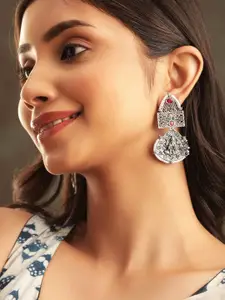 Rubans Silver Plated Stone Studded Oxidised Classic Drop Earrings