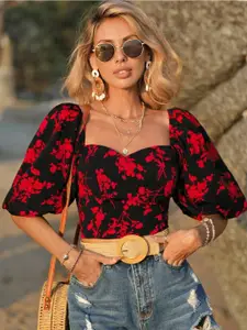 Stylecast X Slyck Floral Printed Sweetheart Neck Puff Sleeve Crop Top