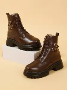 VALIOSAA Women Mid Top Platform Heeled Monk Straps Boots With Buckle Detail