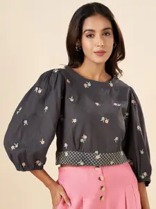 AKKRITI BY PANTALOONS Floral Embroidered Puff Sleeves Crop Top