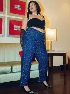 FREAKINS Plus Size Women Straight Fit High-Rise Printed Pure Cotton Jeans