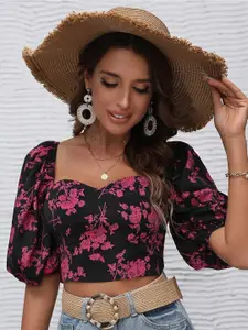 Slyck Pink Floral Print Sweetheart Neck Puff Sleeve Crop Top