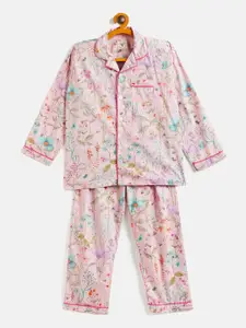 JWAAQ Girls Floral Printed Pure Cotton Night Suit