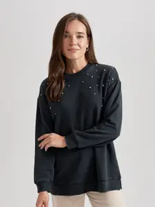 DeFacto Embellished Round Neck Long Sleeve Pullover Sweatshirt