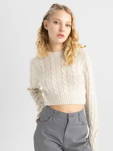 DeFacto Cable Knit Self Design Crop Pullover Sweater