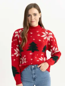 DeFacto Floral Self Design Turtle Neck Pullover Sweater