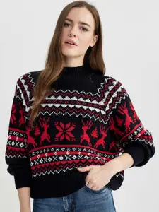 DeFacto Ethnic Motifs Printed Mock Collar Acrylic Pullover Sweater