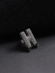 French Accent Men Silver-Plated Stone Studded H Alphabet Ring
