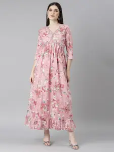 Neerus Floral Printed Cotton Fit & Flare Maxi Ethnic Dresses