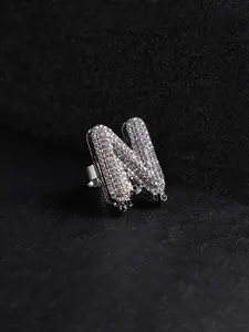 French Accent Men Silver-Plated Stone Studded Ring