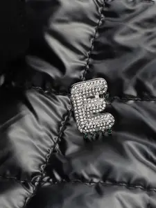 French Accent Men Silver-Plated Stone Studded E Alphabet Ring