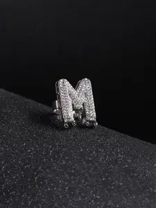 French Accent Men Silver-Plated Stone Studded M Alphabet Ring
