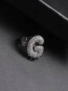 French Accent Men Silver-Plated Stone Studded G Alphabet Ring