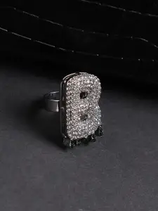 French Accent Men Silver-Plated Stone Studded B Alphabet Ring