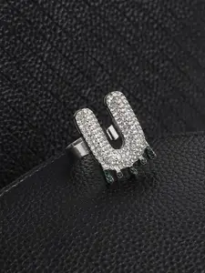 French Accent Men Silver-Plated Stone Studded U Alphabet Ring