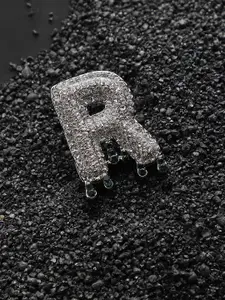 French Accent Men Silver-Plated Stone Studded R Alphabet Ring