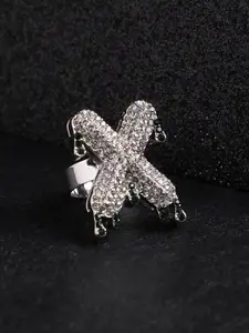 French Accent Men Silver-Plated Stone Studded X Alphabet Ring