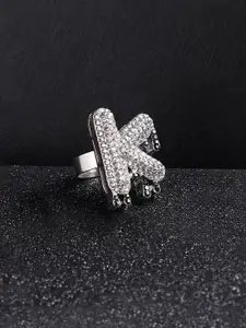 French Accent Men Silver-Plated Stone Studded K Alphabet Ring