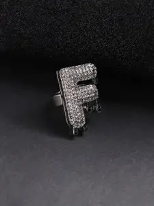 French Accent Men Silver-Plated Stone Studded F Alphabet Ring
