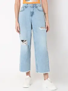 Vero Moda Women Cotton Wide Leg High-Rise Mildly Distressed Heavy Fade Cropped Jeans