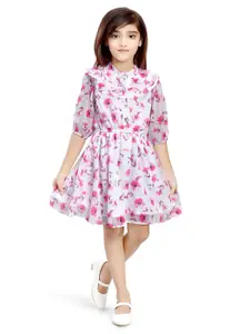 Doodle Girls Floral Printed Mandarin Collar Puff Sleeves Gathered Fit & Flare Dress