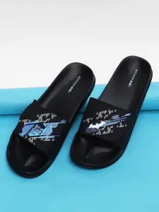 Bewakoof Men Black & Blue Cyber Bat Knight Printed Sliders