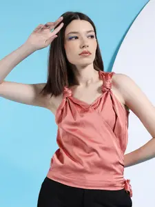 Freehand Peach-coloured Satin Tie Up Sleeveless Top