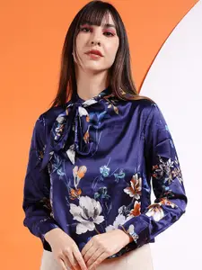 Freehand Blue Floral Print Tie-Up Neck Shirt Style Top