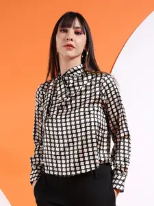 Freehand Black Geometric Printed Tie-Up Neck Shirt Style Top