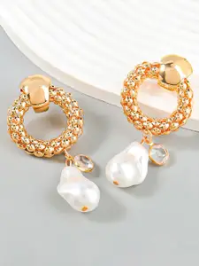 Bellofox Gold-Toned & White Obara Stone-Studded & Beaded Drop Earrings