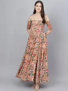 KALINI Floral Printed Shoulder Straps Smocked Tiered Cotton Maxi Dress