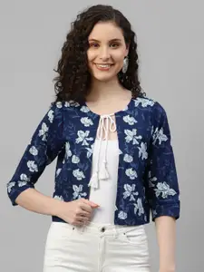 DEEBACO Floral Printed Cotton Crop Tie-Up Shrug