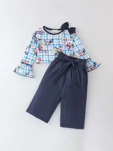 CrayonFlakes Girls Floral Printed Round Neck Long Sleeves Top with Palazzos