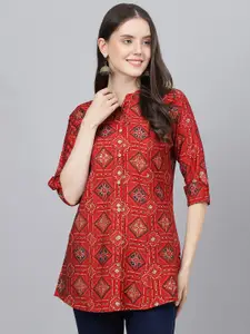 KALINI Bandhani Printed Roll-Up Sleeves Shirt Style Longline Top