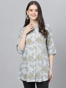 KALINI Floral Printed Mandarin Collar Roll-Up Sleeves Longline Shirt Style Top