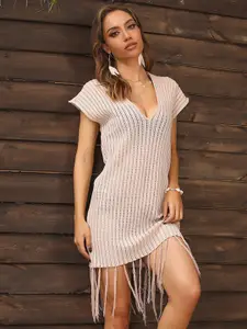 StyleCast Beige Striped V-Neck Cap Sleeves Fringed A-Line Dress